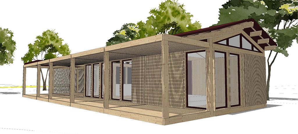 Projet sur mesure d'une maison de 50 m2 avec terrasse et toit double pente.
