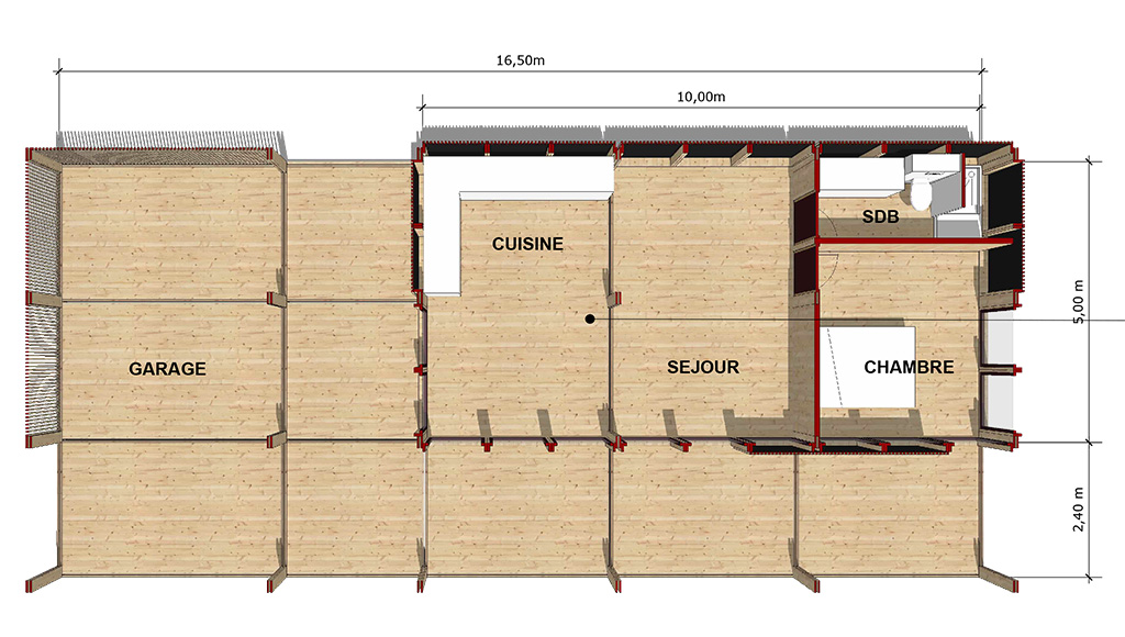 Plan intérieur de la maison : une chambre avec salle de bain, un séjour, une cuisine, terrasse et garage.